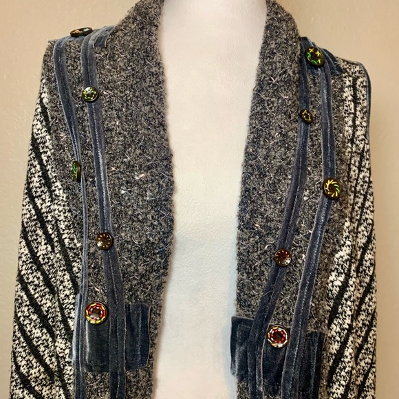 Vintage Anis A. Sleeveless Boho Sweater Vest Velvet Detail Gray & White Medium - Picture 3 of 14